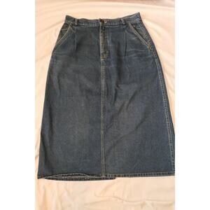 VTG LL Bean Freeport Maine Women 16 Denim Jean Skirt Mid Calf Leather Logo Pleat